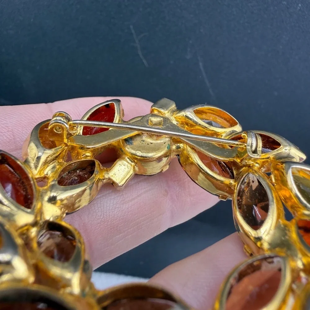 Vintage Rhinestone Brooch Gold Tone Fall Autumn Orange Red Well Made Open Back